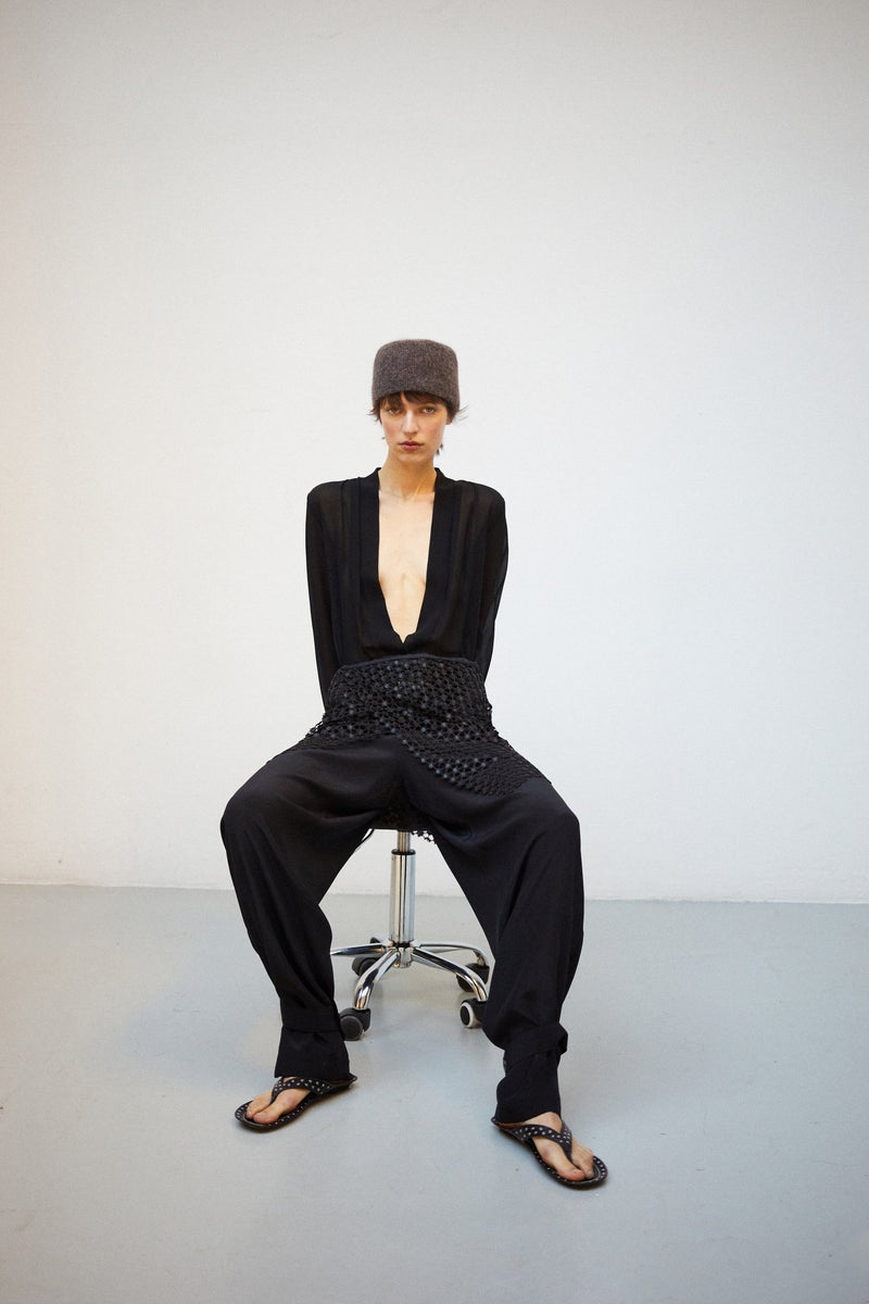 Nuage Noir | Sheer Silk Deep V - Neck Bodysuit - VANHERÈEN