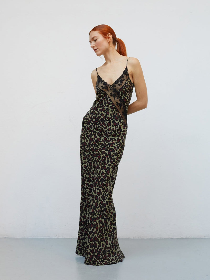 Robe Nuisette Fauve | Silk & Lace Leopard Slip Dress - VANHERÈEN